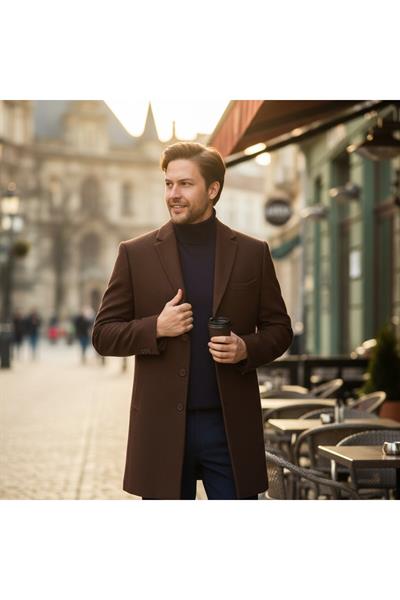 Pagano Erkek Kahve Ceket Yaka Slim Fit Kaşe Kaban