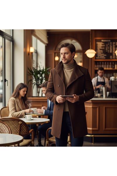 Pagano Erkek Kahve Şal Yaka Slim Fit Kaşe Kaban