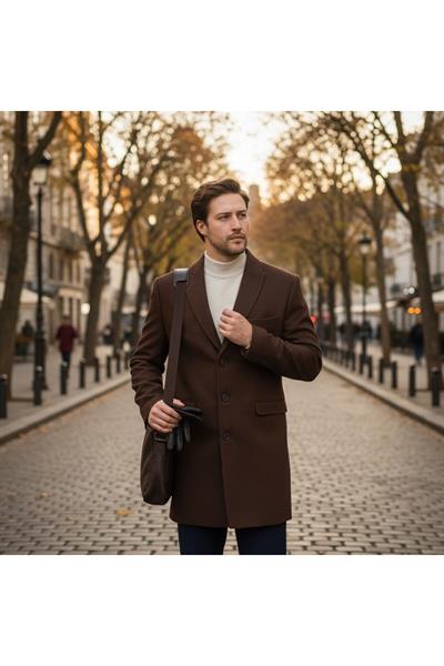 Pagano Erkek Kahve Sivri Yaka Slim Fit Kaşe Kaban
