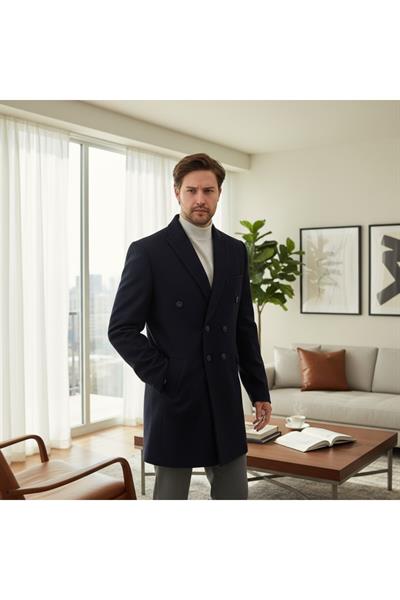 Pagano Erkek Koyu Lacivert Kruvaze Sivri Yaka Slim Fit Kaşe Kaban