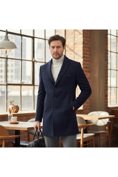 Pagano Erkek Lacivert Sivri Yaka Slim Fit Kaşe Kaban