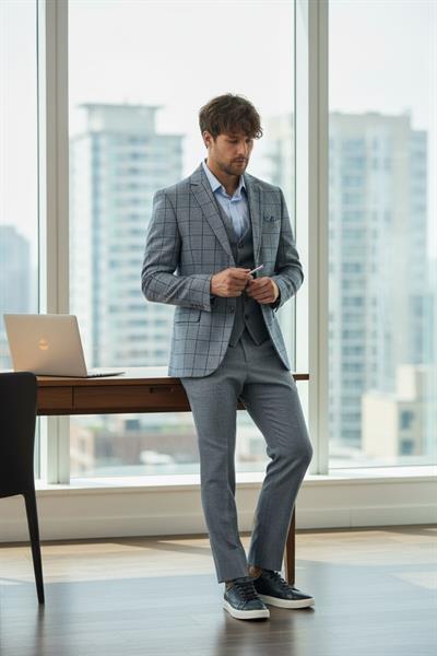 Pakito Açık Lacivert Ekose Desenli Mono Yaka Slim Fit Çift Yırtmaçlı Astarlı Takim Elbise