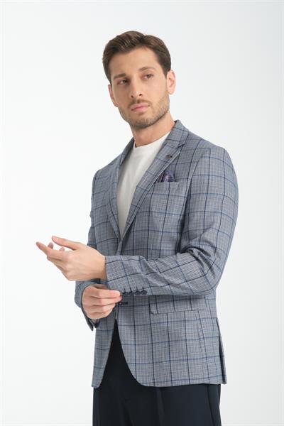 Pakito Erkek Açık Lacivert Ekose Slim Fit Mono Yaka Spor Blazer Ceket