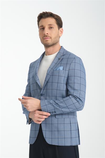 Pakito Erkek İndigo Ekose Slim Fit Mono Yaka Spor Blazer Ceket