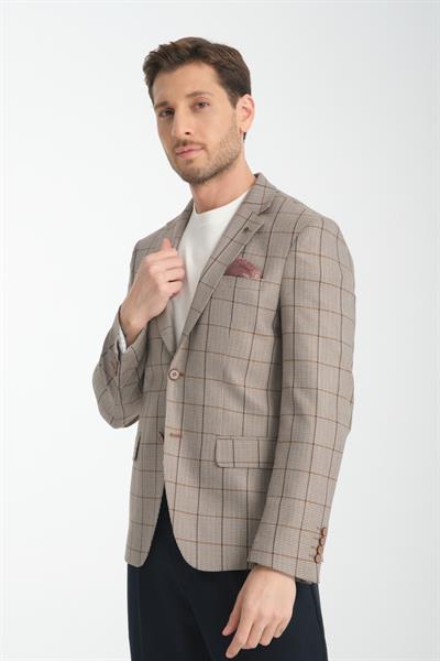 Pakito Erkek Vizon Ekose Slim Fit Mono Yaka Spor Blazer Ceket