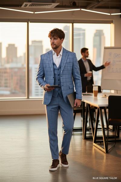 Pakito İndigo Ekose Desenli Mono Yaka Slim Fit Çift Yırtmaçlı Astarlı Takim Elbise