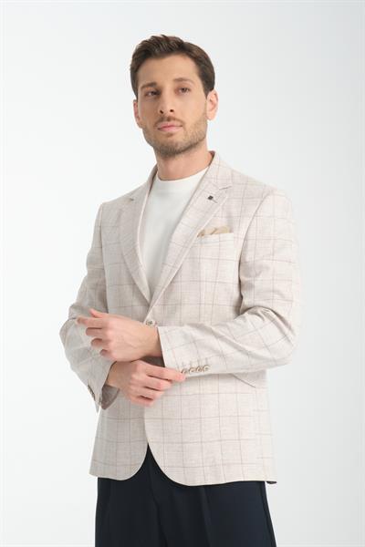 Palmer Erkek Bej Ekose Desenli Ketenkarışımlı Slim Fit Mono Yaka Spor Blazer Ceket