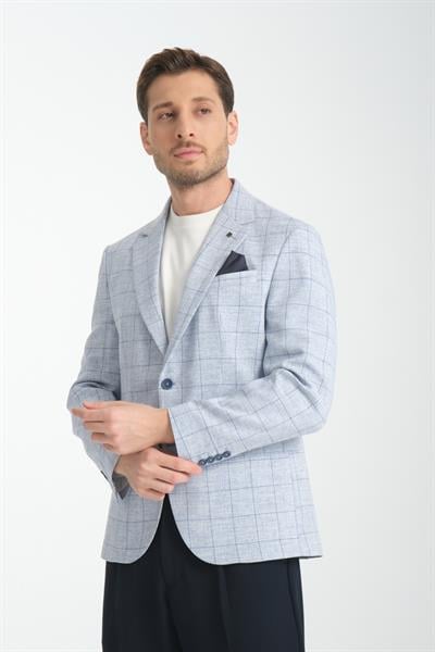 Palmer Erkek Lacivert Ekose Desenli Ketenkarışımlı Slim Fit Mono Yaka Spor Blazer Ceket