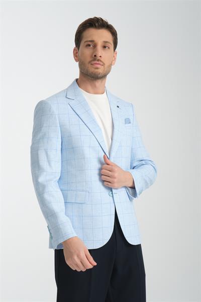 Palmer Erkek Mavi Ekose Desenli Ketenkarışımlı Slim Fit Mono Yaka Spor Blazer Ceket