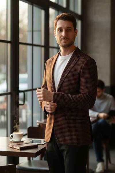Parcessi Erkek Kahve Kazayağı Desenli Slim Fit Dar Kesim Esnemeyen Kumaş Blazer Ceket