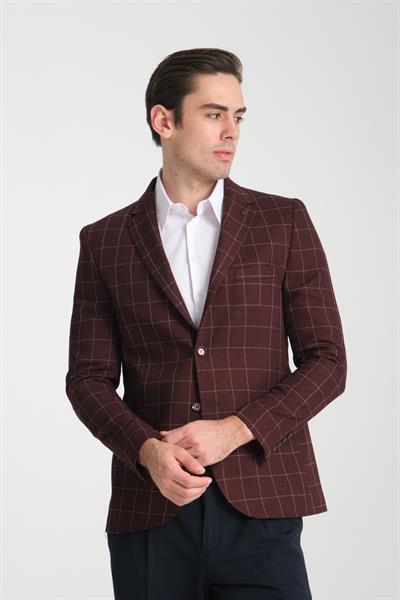 Paride Erkek Bordo Ekose Slim Fit Mono Yaka Spor Blazer Ceket