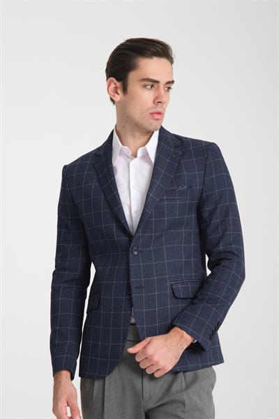 Paride Erkek Lacivert Ekose Slim Fit Mono Yaka Spor Blazer Ceket