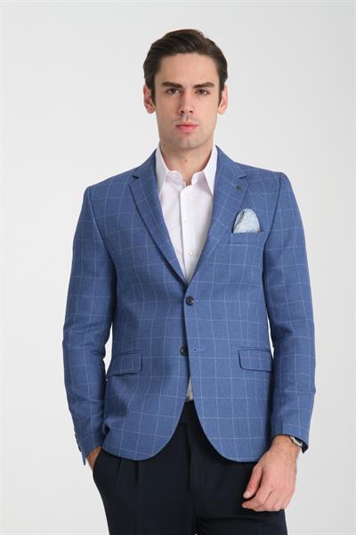 Paridee Erkek İndigo Ekose Battal Büyük Beden Mono Yaka Dar Kesim Blazer  Spor Ceket