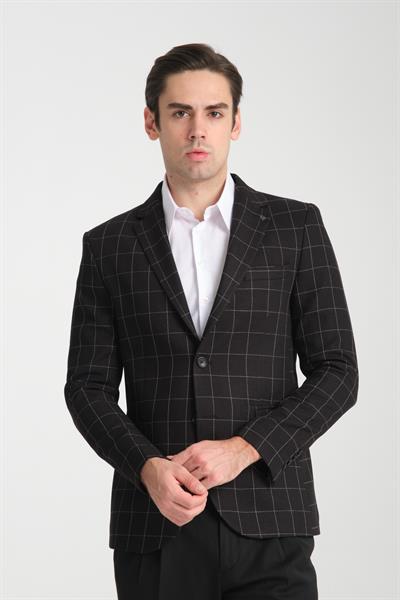 Paridee Erkek Siyah Ekose Battal Büyük Beden Mono Yaka Dar Kesim Blazer  Spor Ceket