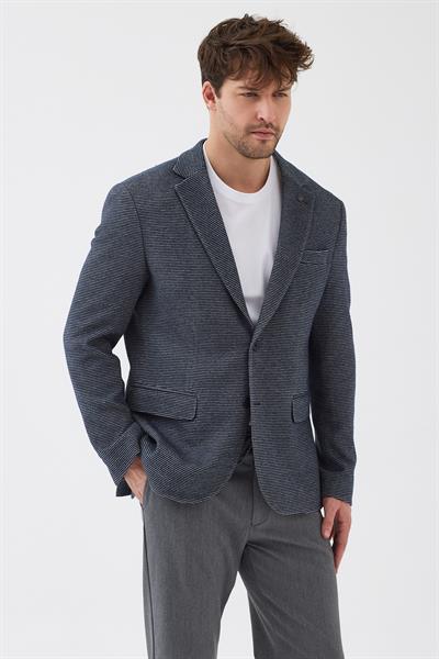 Pasure Erkek Lacivert Pamuklu Mono Yaka Esnek Kumaşlı Kendinden Mendilli Slim Fit Spor Blazer Ceket