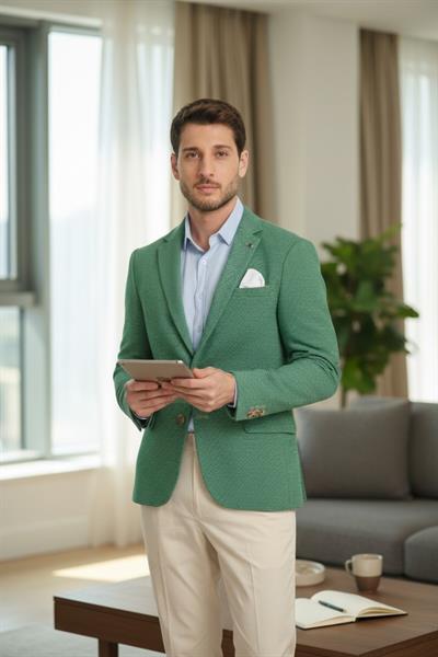 Pasure Erkek Yeşil Esnek Kumaş Slim Fit Dar Kesim Blazer Ceket