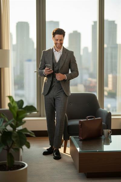 Pessina Erkek Siyah-Gri Ceket+Pantolon+Yelek Çift Yırtmaçlı Slim Fit Takim Elbise