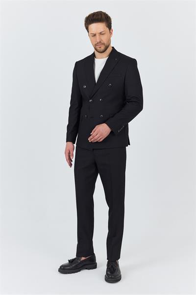 Petek Erkek Siyah Kendinden Desenli 4-Mevsim Slim Fit Kruvaze Takım Elbise