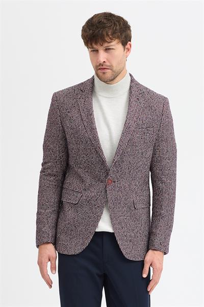 Pico Erkek Bordo-Lacivert Kendinden Desenli Slim Fit Mono Yaka Dar Kesim Blazer Ceket