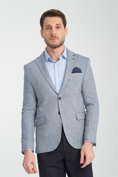 Piero Erkek İndigo Mono Yaka Esnemeyen Desenli Kalın Kumaş Slim Fit Dar Kesim Blazer Ceket