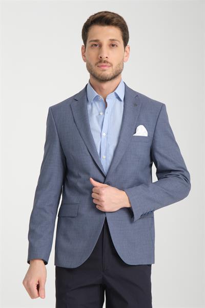 Pieros Erkek İndigo Pamuk Karışımlı Slim Fit Dar Kesim Dört Mevsim Blazer Ceket