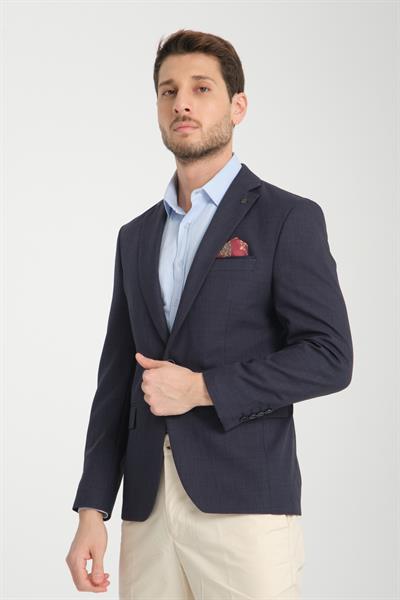 Pieros Erkek Koyu Lacivert Pamuk Karışımlı Slim Fit Dar Kesim Dört Mevsim Blazer Ceket