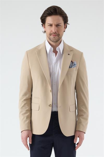 Pique Erkek Açık Bej Yarım Astarlı Mono Yaka Esnek Poliviskon Kumaşlı Slim Fit Spor Blazer Ceket