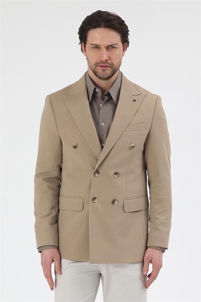 Pique Erkek Bej Kruvaze Sivri Yaka Esnek Poliviskon Kumaşlı Slim Fit Spor Blazer Ceket