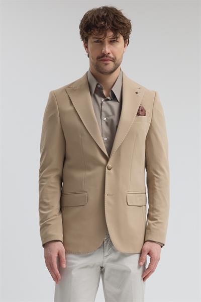 Pique Erkek Bej Sivri Yaka Esnek Poliviskon Kumaşlı Slim Fit Spor Blazer Ceket