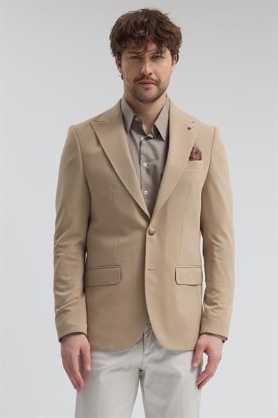 Pique Erkek Bej Sivri Yaka Esnek Poliviskon Kumaşlı Slim Fit Spor Blazer Ceket