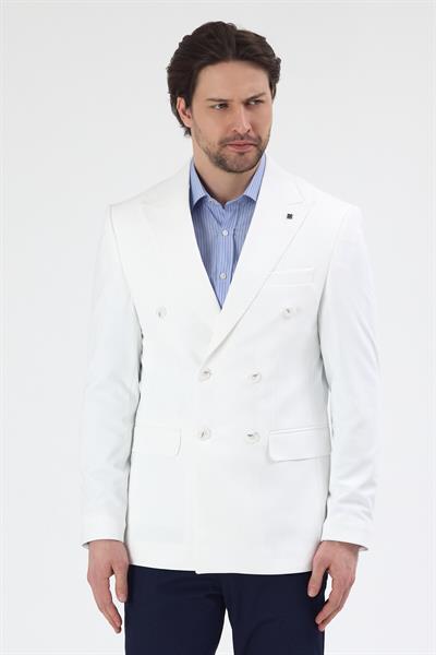 Pique Erkek Beyaz Kruvaze Sivri Yaka Esnek Poliviskon Kumaşlı Slim Fit Spor Blazer Ceket