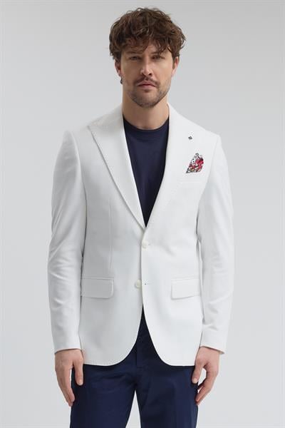 Pique Erkek Beyaz Sivri Yaka Esnek Poliviskon Kumaşlı Slim Fit Spor Blazer Ceket