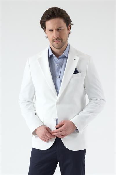 Pique Erkek Beyaz Yarım Astarlı Mono Yaka Esnek Poliviskon Kumaşlı Slim Fit Spor Blazer Ceket