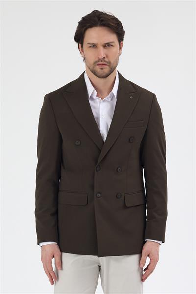 Pique Erkek Haki Kruvaze Sivri Yaka Esnek Poliviskon Kumaşlı Slim Fit Spor Blazer Ceket