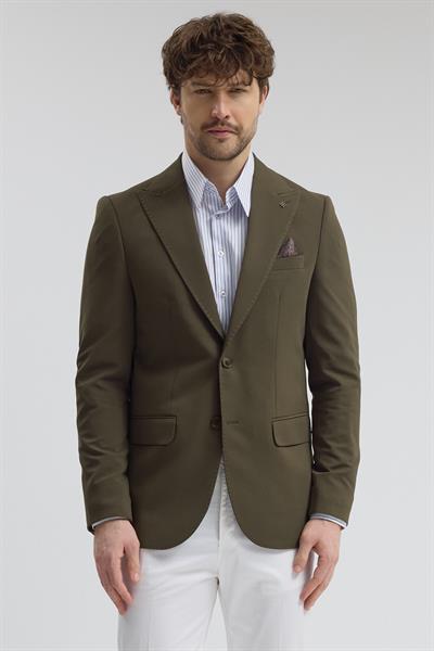Pique Erkek Haki Sivri Yaka Esnek Poliviskon Kumaşlı Slim Fit Spor Blazer Ceket