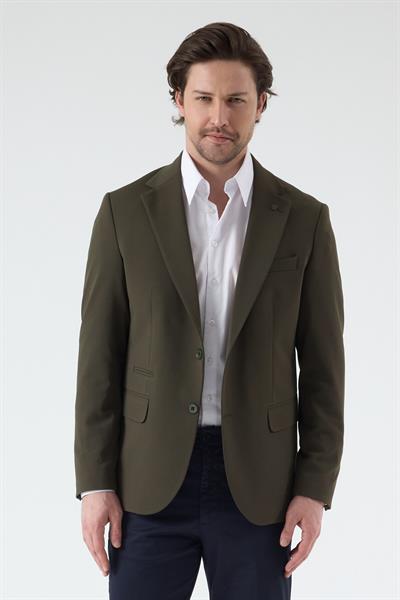 Pique Erkek Haki Yarım Astarlı Mono Yaka Esnek Poliviskon Kumaşlı Slim Fit Spor Blazer Ceket