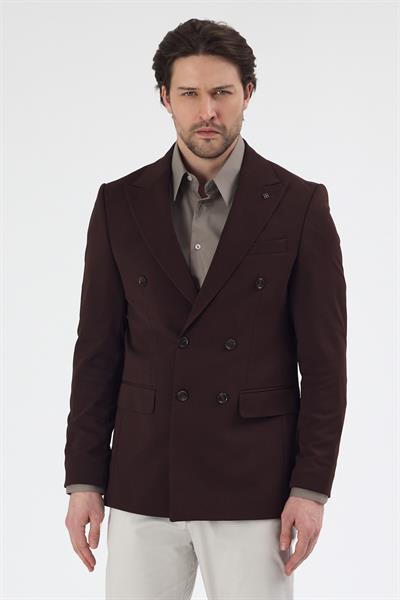 Pique Erkek Kahve Kruvaze Sivri Yaka Esnek Poliviskon Kumaşlı Slim Fit Spor Blazer Ceket