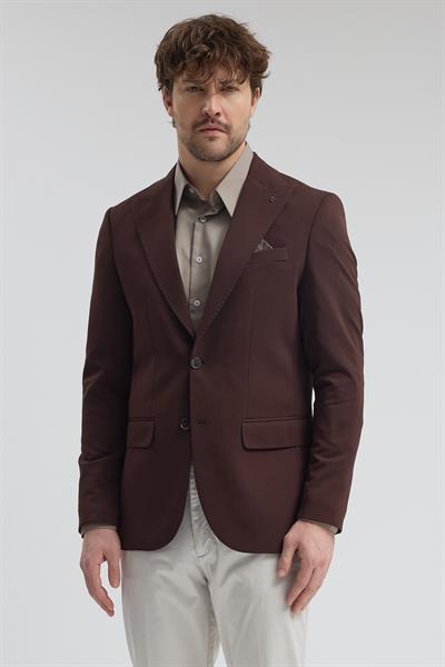Pique Erkek Kahve Sivri Yaka Esnek Poliviskon Kumaşlı Slim Fit Spor Blazer Ceket