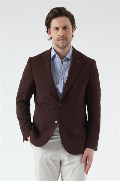 Pique Erkek Kahve Yarım Astarlı Mono Yaka Esnek Poliviskon Kumaşlı Slim Fit Spor Blazer Ceket