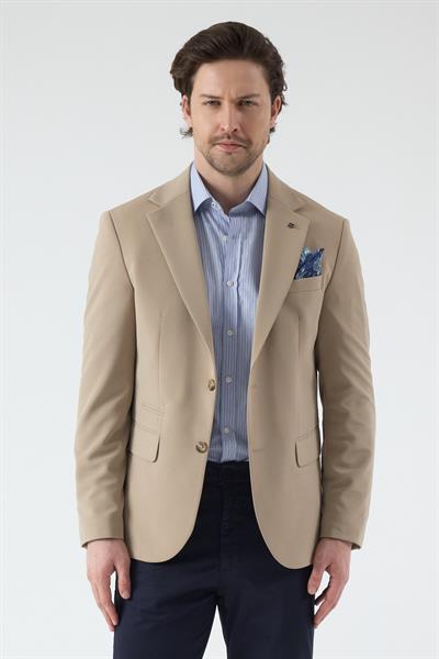 Pique Erkek Koyu Bej Yarım Astarlı Mono Yaka Esnek Poliviskon Kumaşlı Slim Fit Spor Blazer Ceket