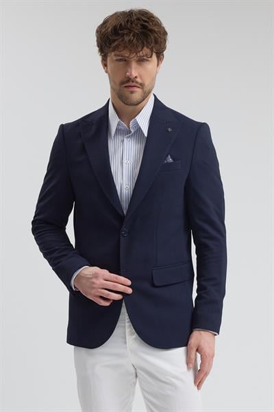 Pique Erkek Koyu Lacivert Sivri Yaka Esnek Poliviskon Kumaşlı Slim Fit Spor Blazer Ceket