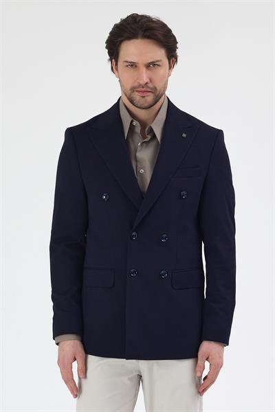 Pique Erkek Lacivert Kruvaze Sivri Yaka Esnek Poliviskon Kumaşlı Slim Fit Spor Blazer Ceket