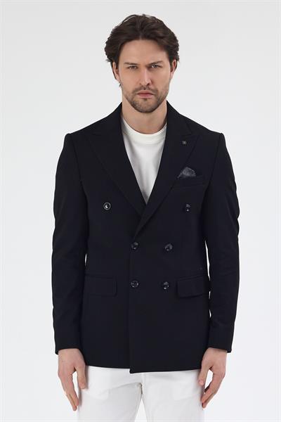 Pique Erkek Siyah Kruvaze Sivri Yaka Esnek Poliviskon Kumaşlı Slim Fit Spor Blazer Ceket