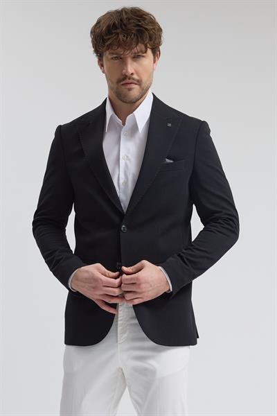 Pique Erkek Siyah Sivri Yaka Esnek Poliviskon Kumaşlı Slim Fit Spor Blazer Ceket