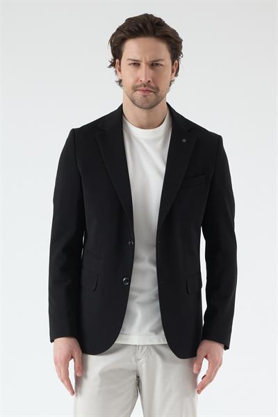 Pique Erkek Siyah Yarım Astarlı Mono Yaka Esnek Poliviskon Kumaşlı Slim Fit Spor Blazer Ceket