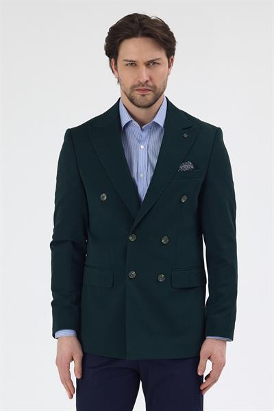 Pique Erkek Yeşil Kruvaze Sivri Yaka Esnek Poliviskon Kumaşlı Slim Fit Spor Blazer Ceket