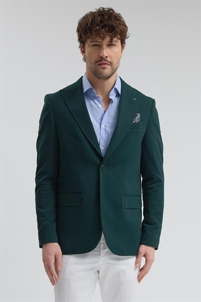 Pique Erkek Yeşil Sivri Yaka Esnek Poliviskon Kumaşlı Slim Fit Spor Blazer Ceket