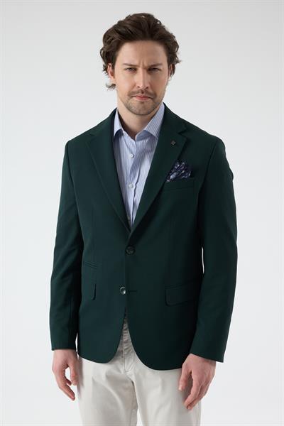 Pique Erkek Yeşil Yarım Astarlı Mono Yaka Esnek Poliviskon Kumaşlı Slim Fit Spor Blazer Ceket