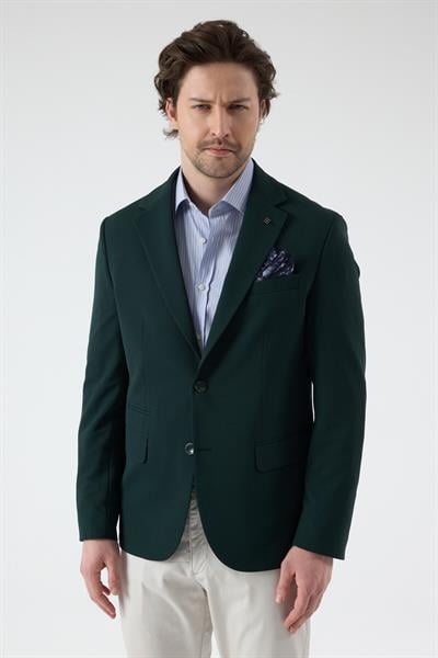 Pique Erkek Yeşil Yarım Astarlı Mono Yaka Esnek Poliviskon Kumaşlı Slim Fit Spor Blazer Ceket