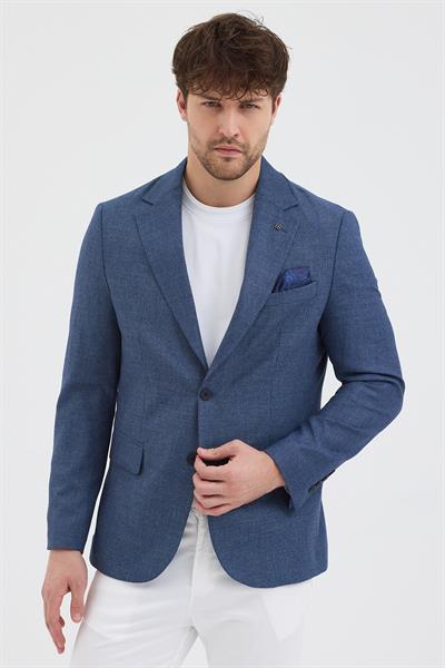 Pladis Erkek Açık Lacivert Poliviskon Kumaşlı SlimFit Kendinden Mendilli Mono Yaka Spor Blazer Ceket